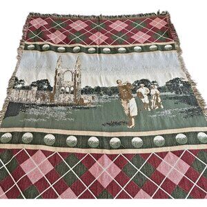 Scottish European Golf Woven Cotton Throw Blanket 68"x48" Argyle Men Golfing
